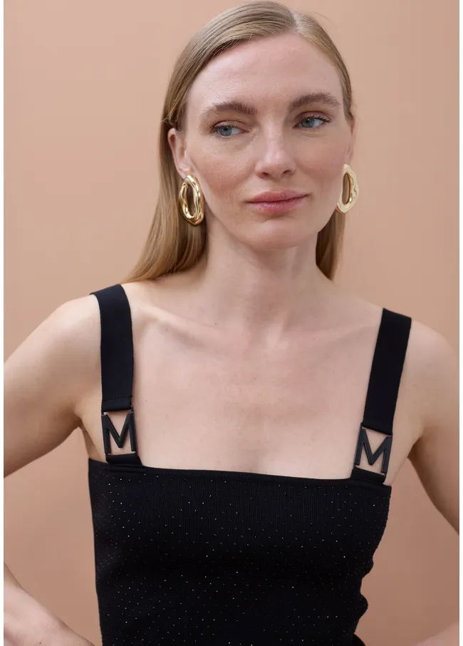 Strappy knitted top with M rhinestone buckle