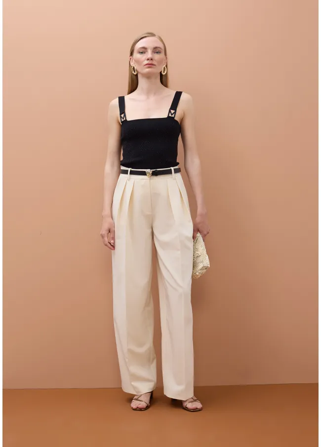 Strappy knitted top with M rhinestone buckle