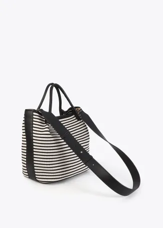 Contrast striped fabric and faux leather tote bag