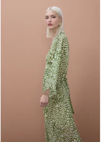 Wide sleeve long printed dress with adjustable belt