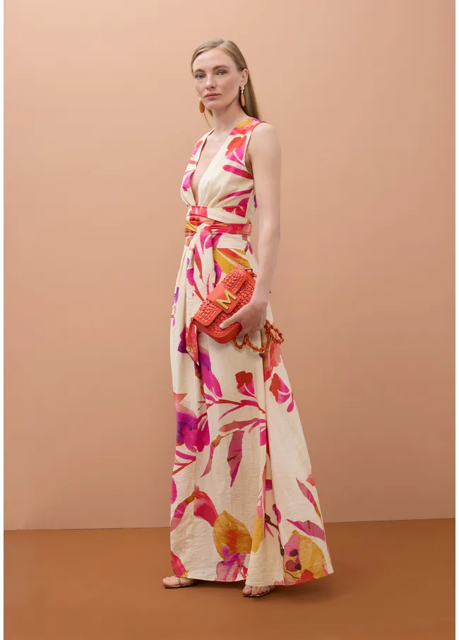Floral print V-neck dress with adjustable belt
