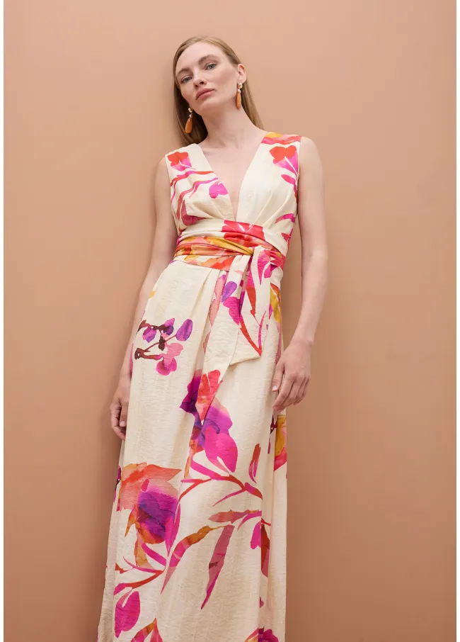 Floral print V-neck dress with adjustable belt