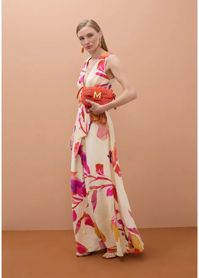Floral print V-neck dress with adjustable belt