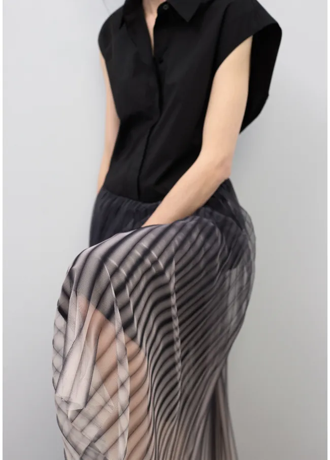 Dress with shirt collar and pleated tulle skirt