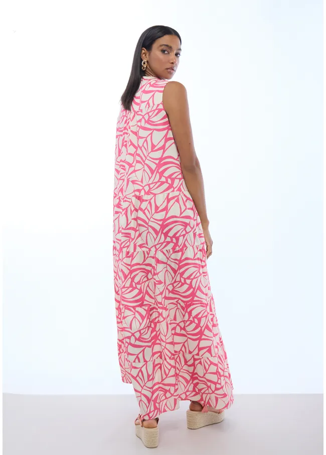 Voluminous leaf print V-neck dress