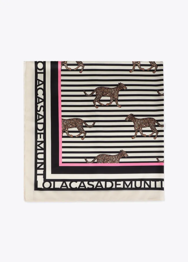 Satin scarf with contrast striped and leopard...