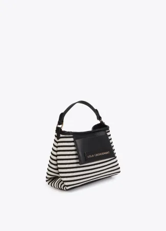 Contrast striped fabric and faux leather crossbody bag