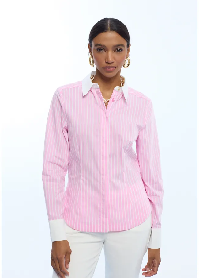 Camisa popelín rosa con rayas