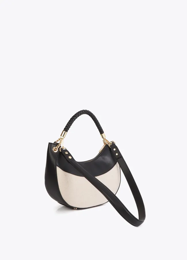 Two-tone faux leather and canvas hobo bag