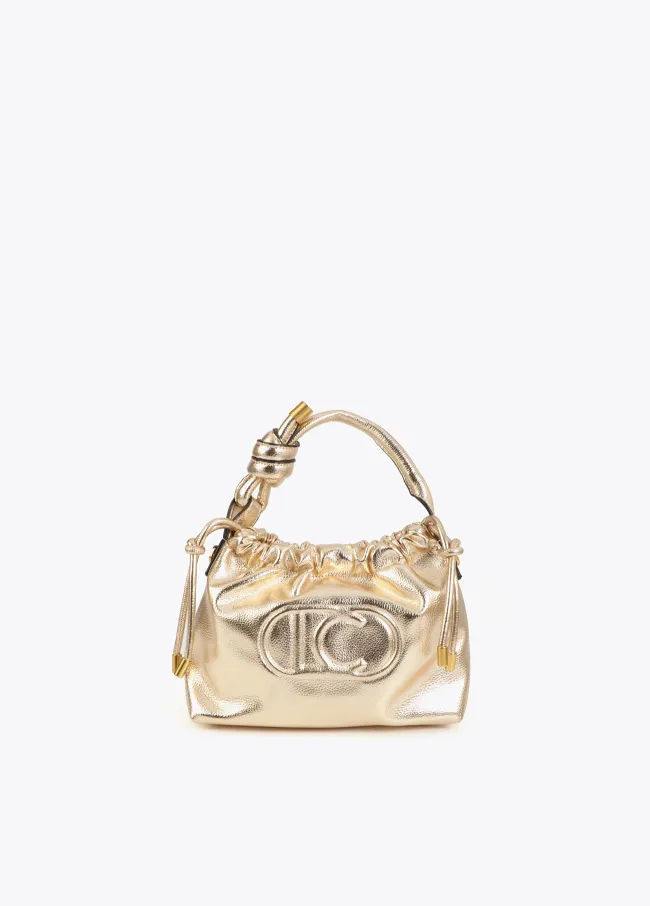 Gold-toned bucket bag with raised oval logo