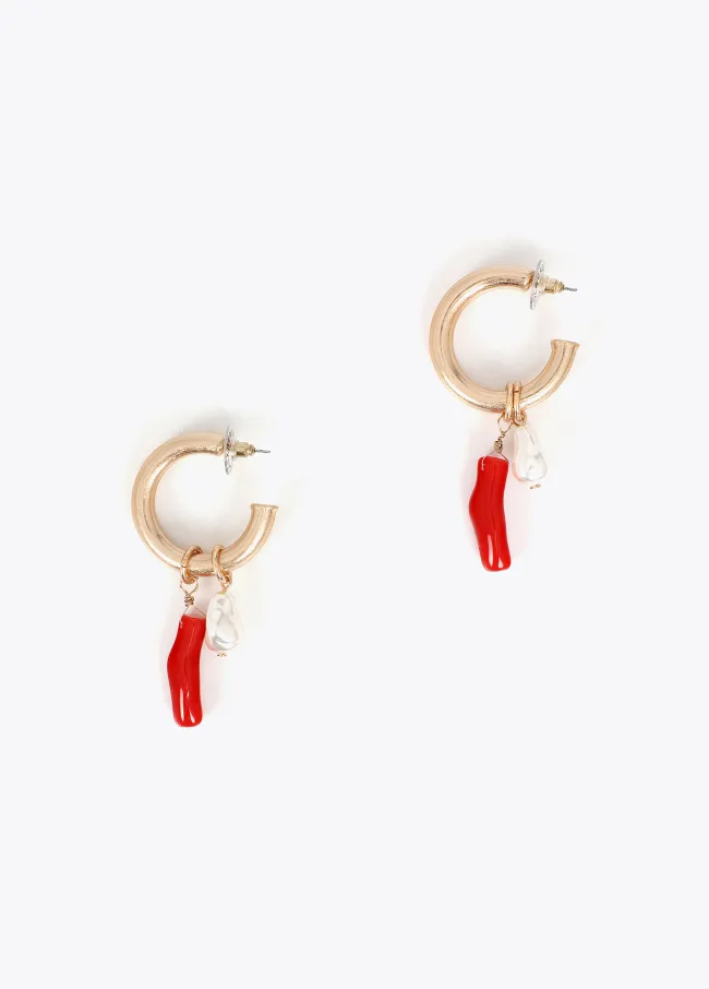 Hoop earrings with coral and faux pearl charms