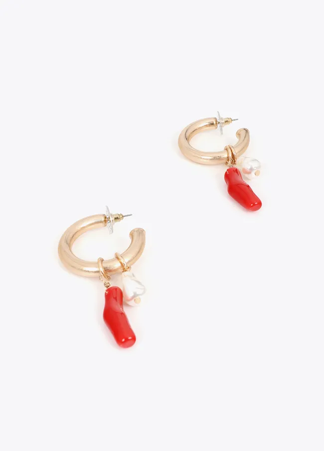 Hoop earrings with coral and faux pearl charms