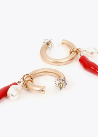 Hoop earrings with coral and faux pearl charms