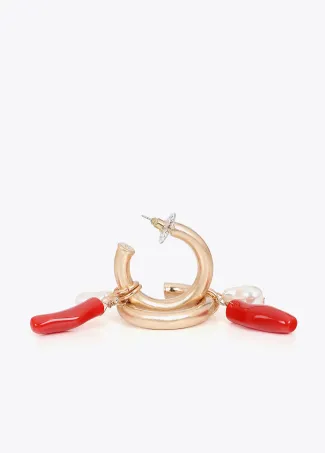 Hoop earrings with coral and faux pearl charms