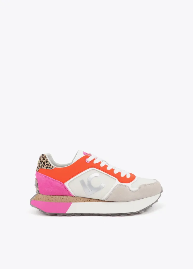 Three-tone contrast fabric platform trainers with leather...