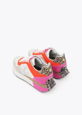 Three-tone contrast fabric platform trainers with leather details