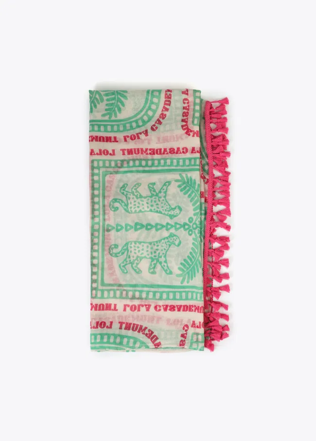 Tropical motif print pareo with fringing