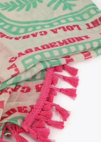 Tropical motif print pareo with fringing