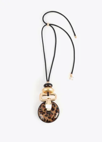 Long necklace with contrast animal print and gold-toned pendant