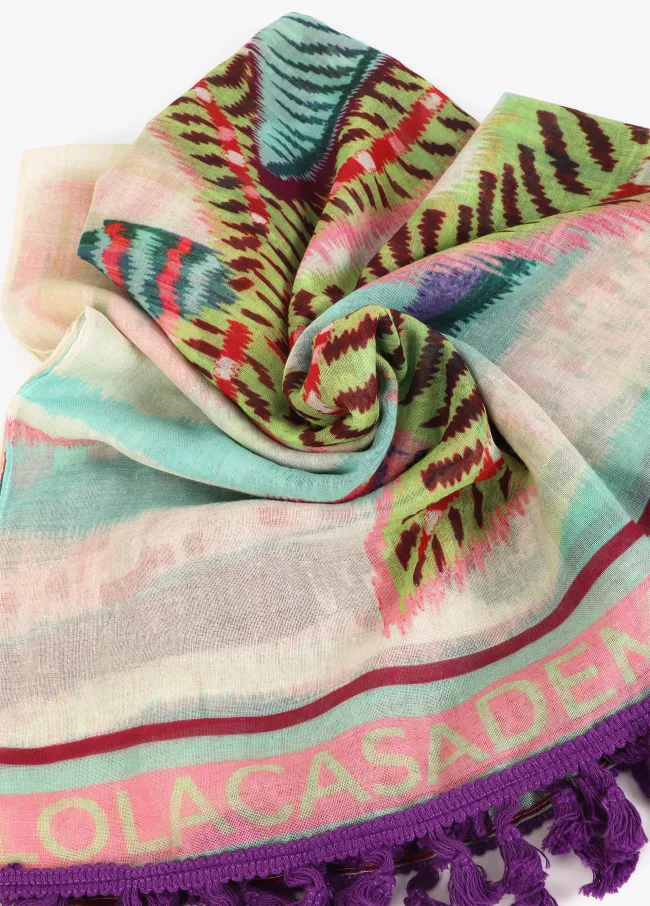 Tropical print pareo with fringing