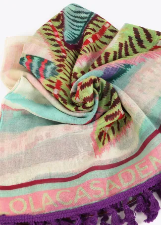 Tropical print pareo with fringing