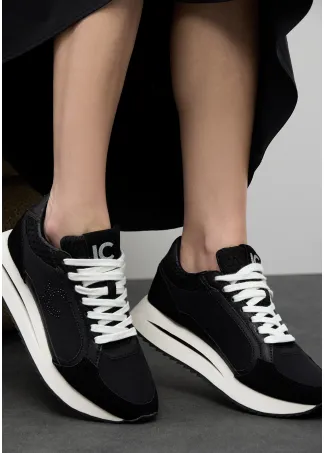 Two-tone contrast fabric platform trainers with leather details
