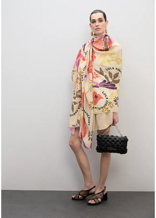Scarf with floral and bird motif print