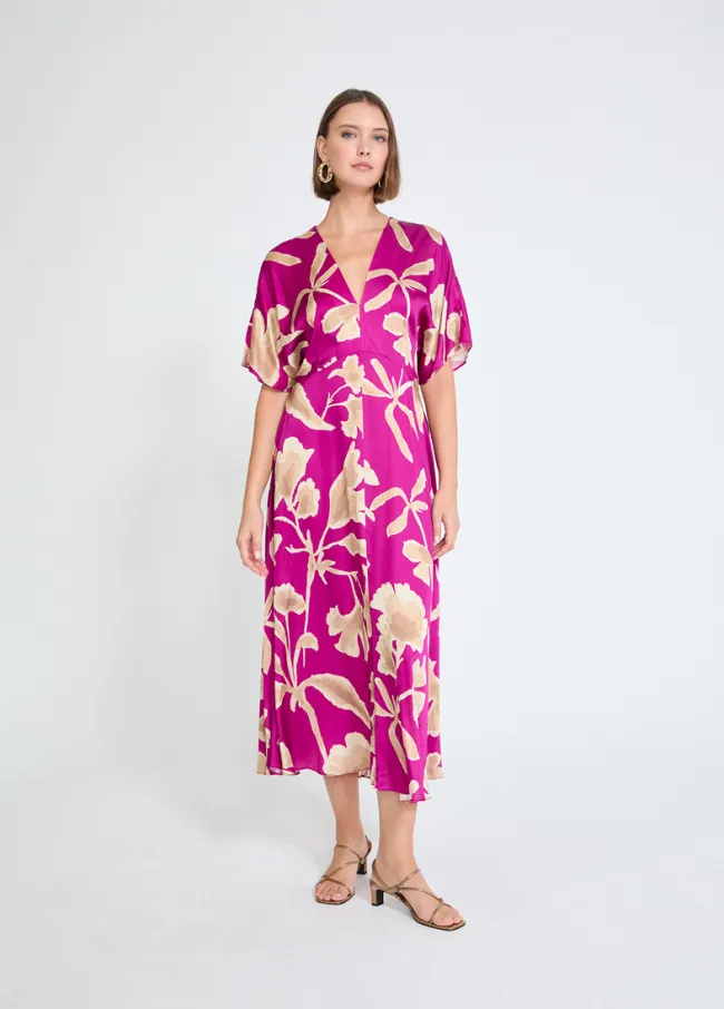 Printed satin V-neck dress