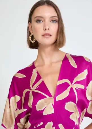 Printed satin V-neck dress
