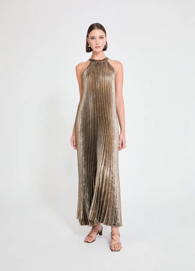 Vestido halter plisado dorado
