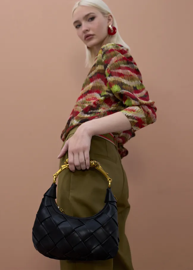 Braided half-moon bag with leopard strap