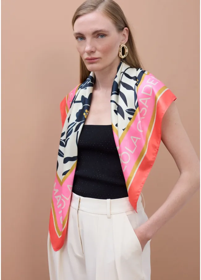 Satin scarf with floral and bird print