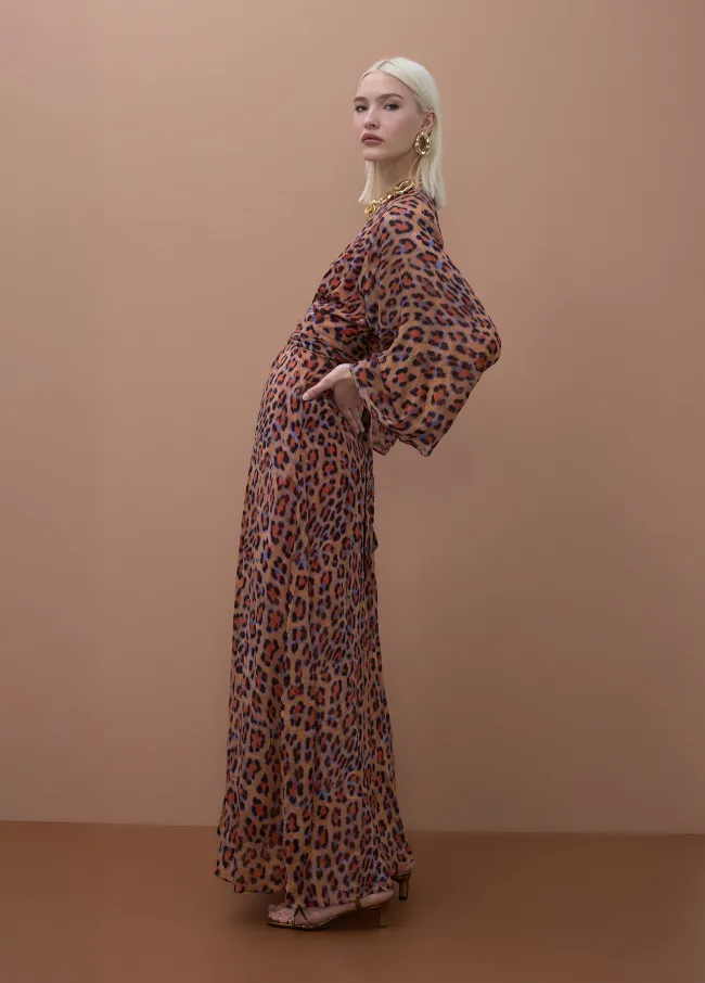 Wide sleeve long printed dress with adjustable...