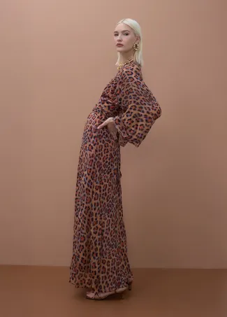 Wide sleeve long printed dress with adjustable belt