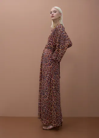Wide sleeve long printed dress with adjustable belt