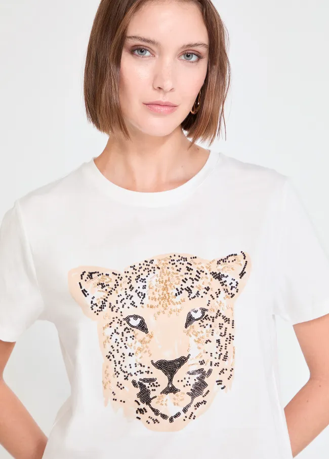 Leopard face T-shirt with stone beads