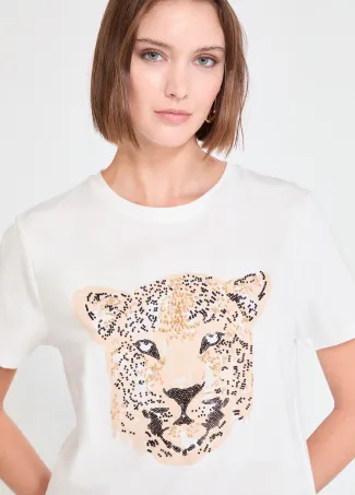 Leopard face T-shirt with stone beads