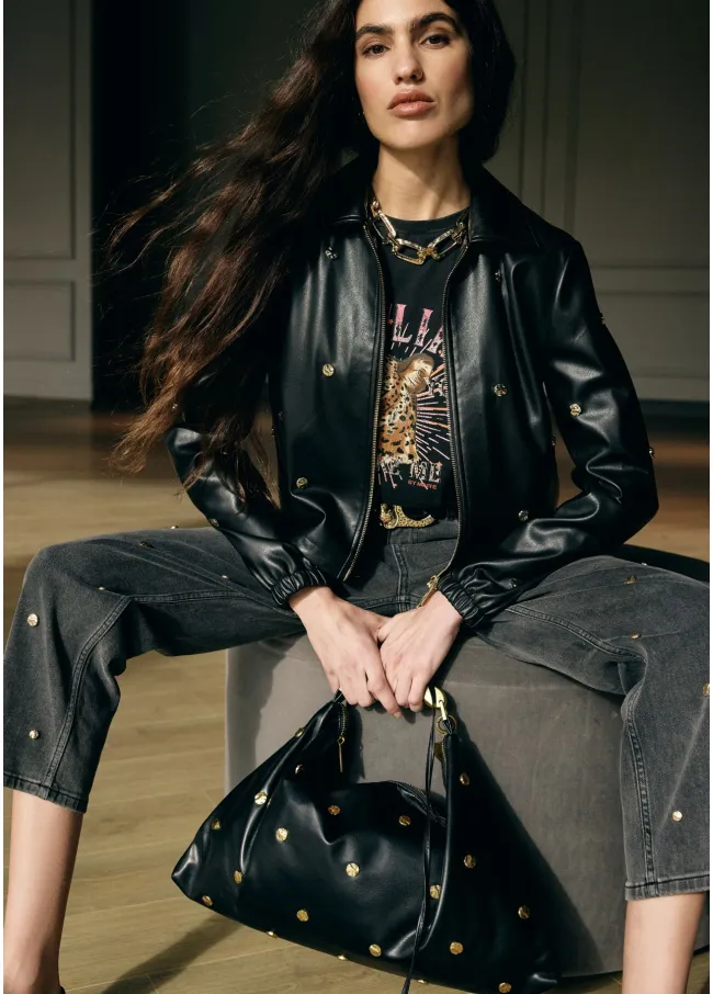 Textured hobo bag with studs