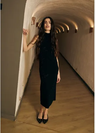 Mock neck dress with rhinestones