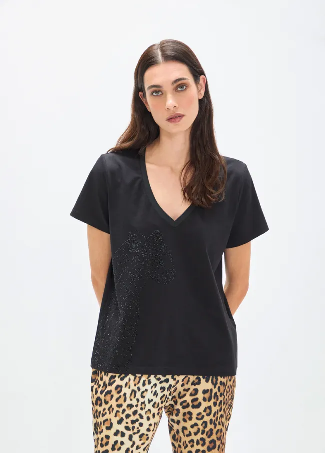 V-neck T-shirt with placement animal print and...
