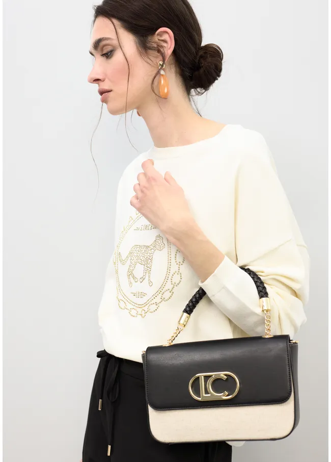 Two-tone faux leather crossbody bag with flap
