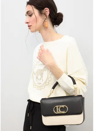 Two-tone faux leather crossbody bag with flap