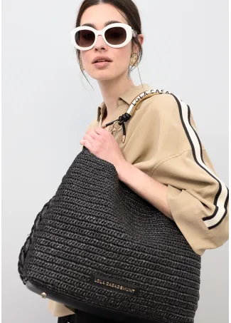 Raffia-effect contrast tote bag with cutwork logo strap