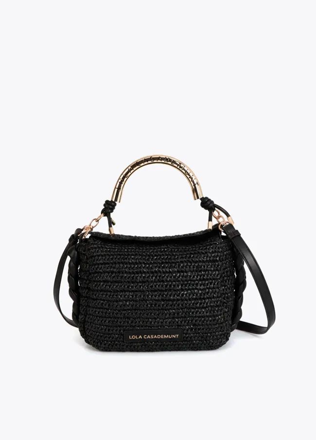 Raffia-effect contrast crossbody bag with cutwork logo strap