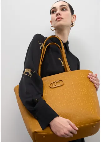 Deconstructed tote bag with monogram topstitching