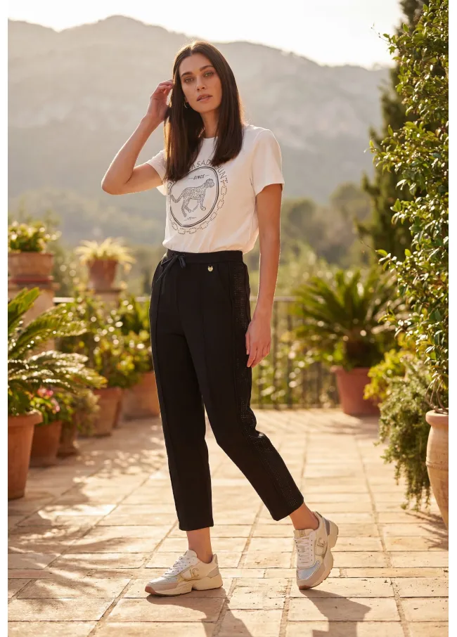 Scuba trousers with side rhinestones