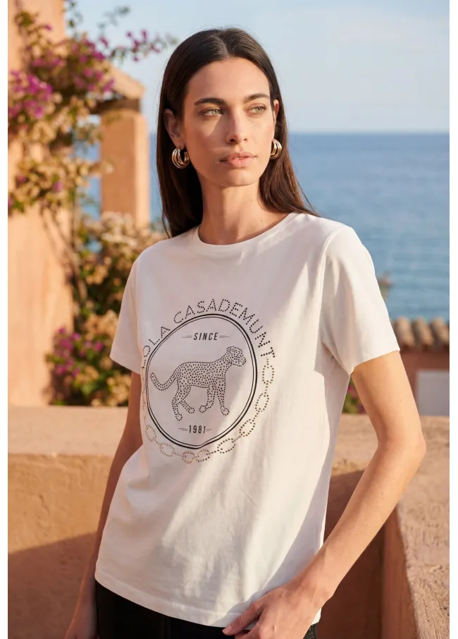 Rounded logo T-shirt with rhinestones