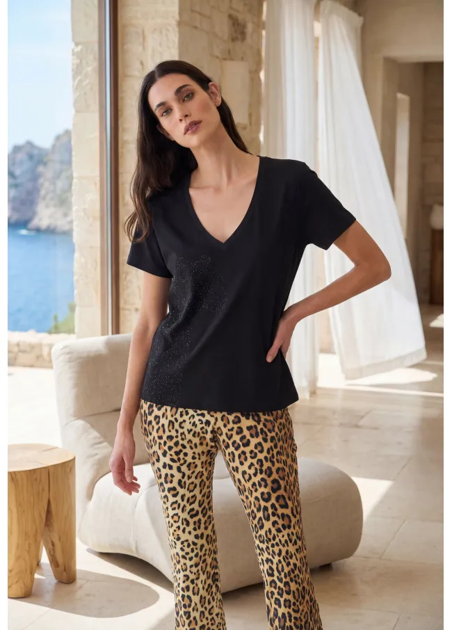 V-neck T-shirt with placement animal print and...