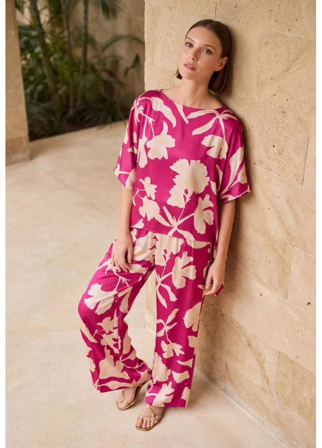 Large flower bougainvillea asymmetrical sleeve blouse