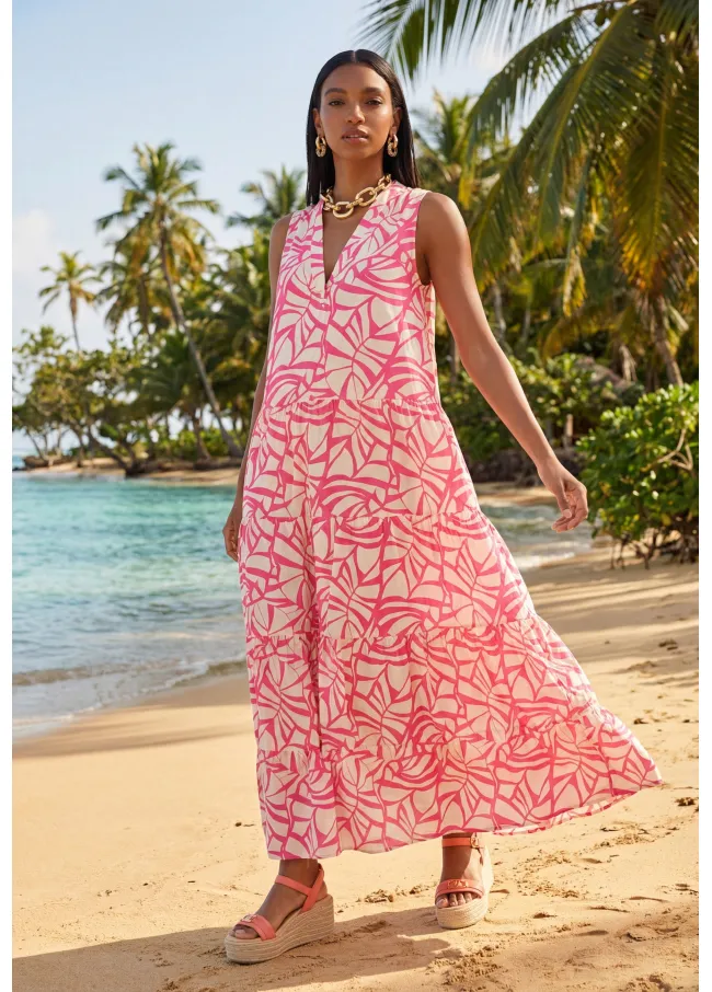 Voluminous leaf print V-neck dress